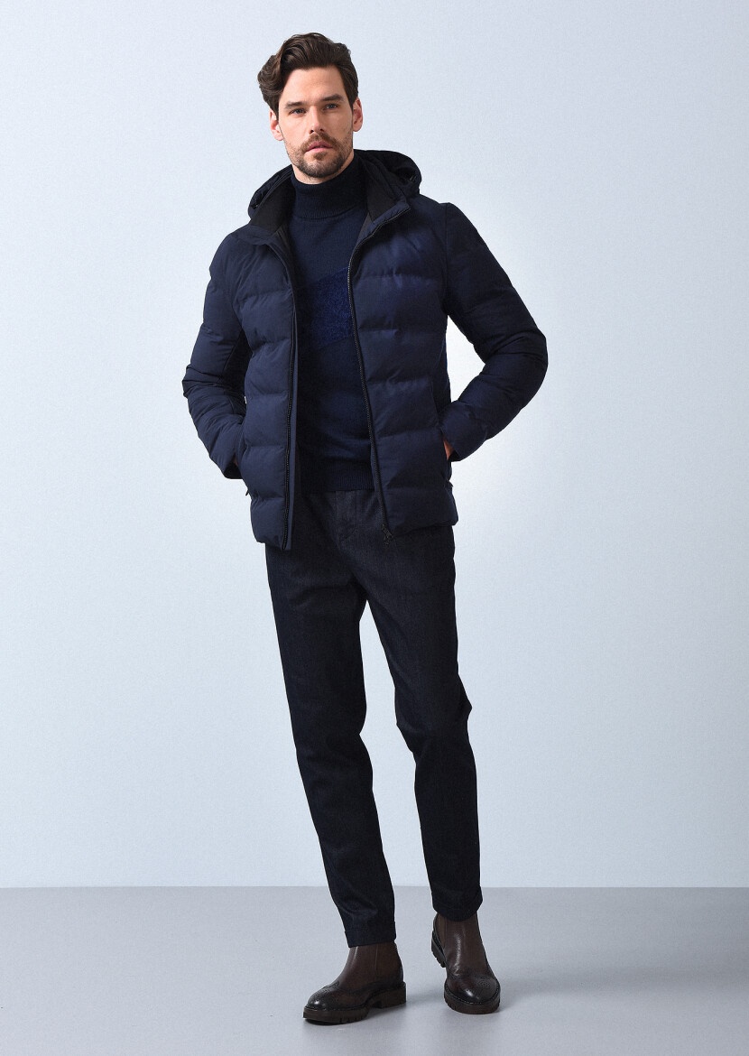 Lacivert Regular Fit Dik Yaka Denim Dokuma Mont - 2