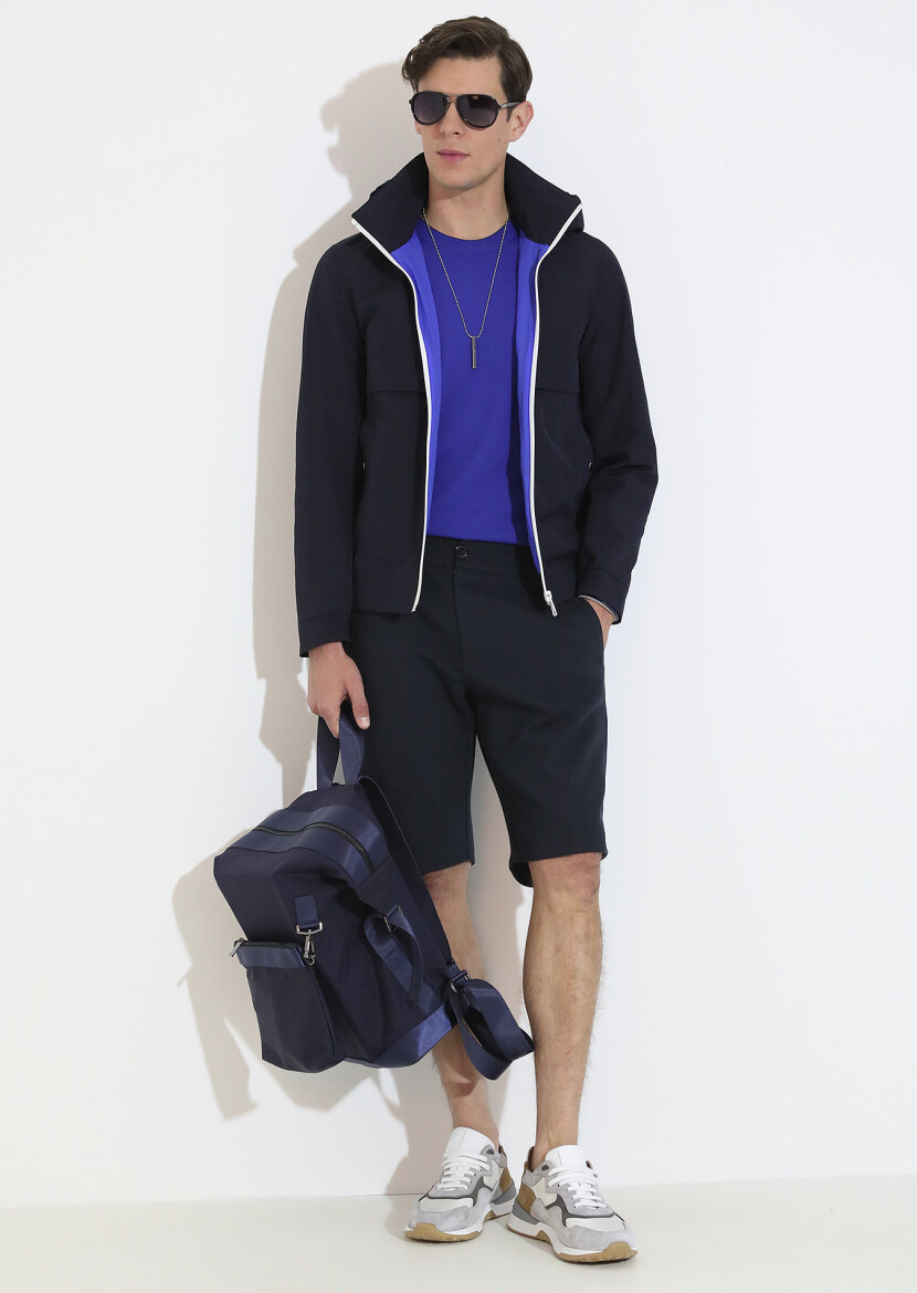 Lacivert Regular Fit Dik Yaka Denim Dokuma Mont - 5