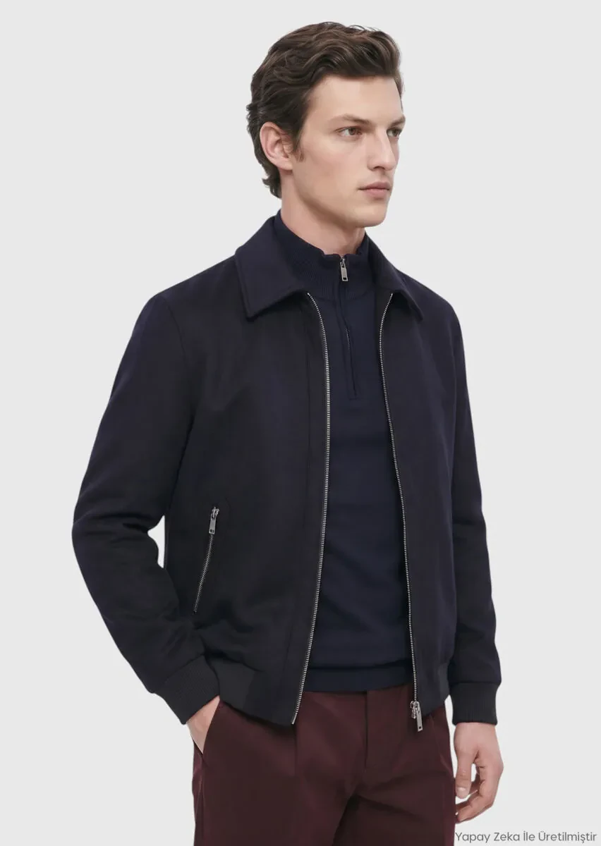 RAMSEY Lacivert Regular Fit Gömlek Yaka Casual Dokuma Mont