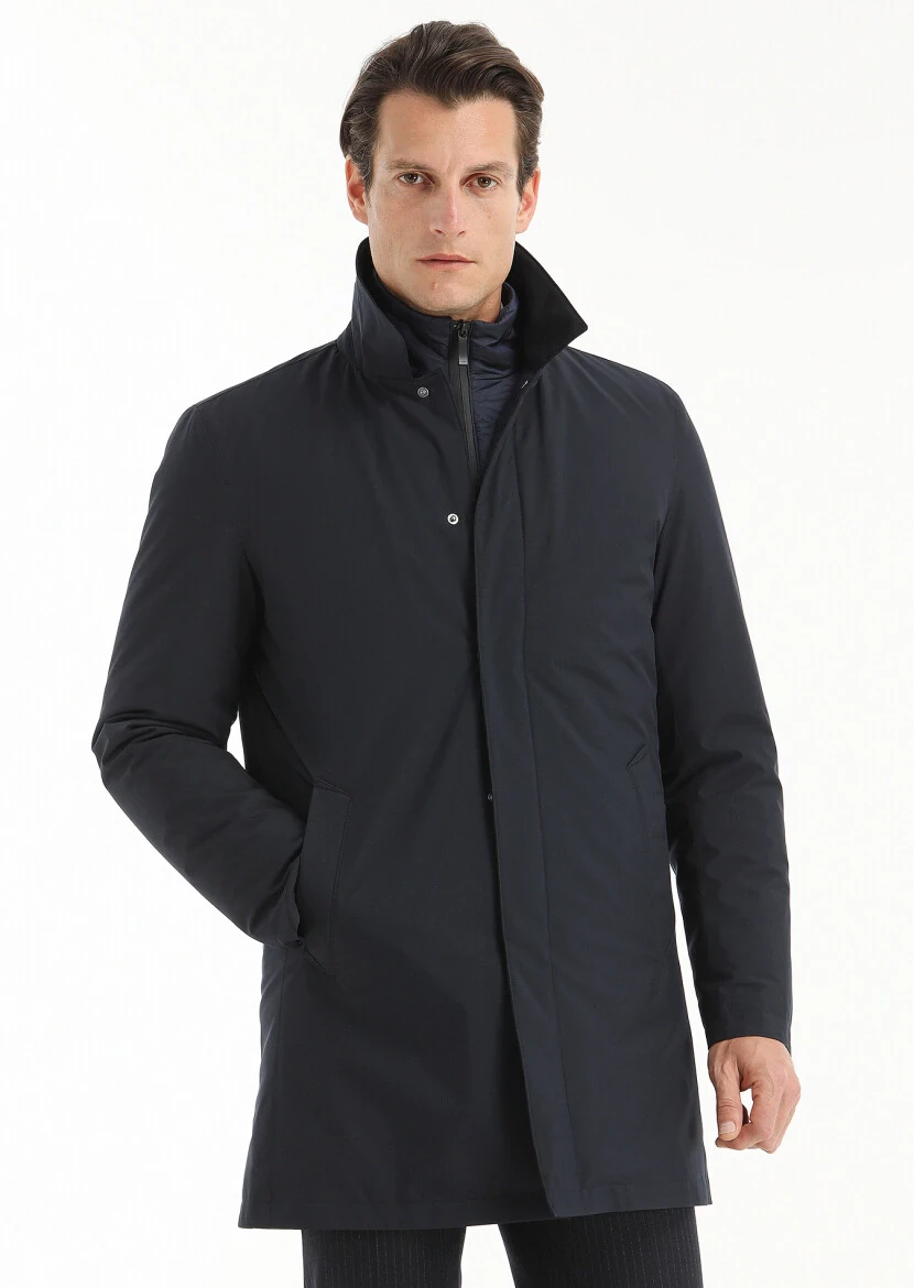 Lacivert Regular Fit Gömlek Yaka Casual Dokuma Pardesü - 4
