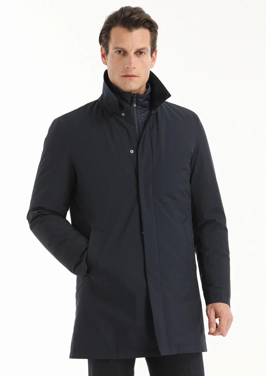 Lacivert Regular Fit Gömlek Yaka Casual Dokuma Pardesü - 4