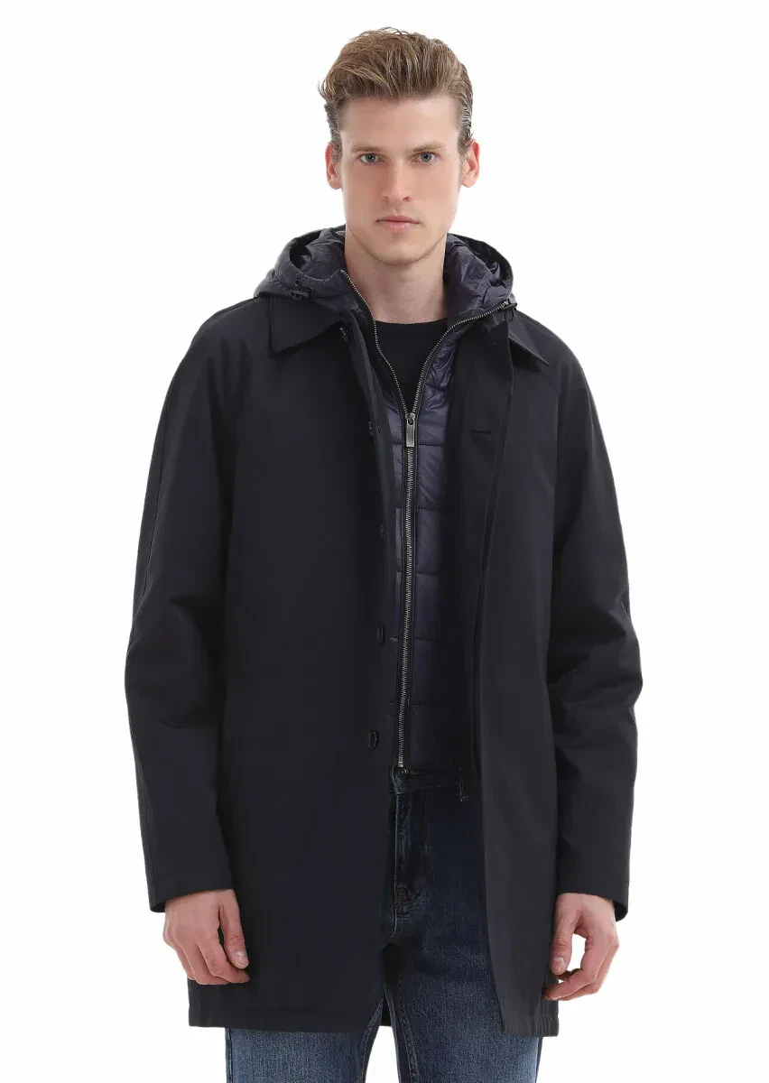 Lacivert Regular Fit Gömlek Yaka Casual Dokuma Pardesü - 1