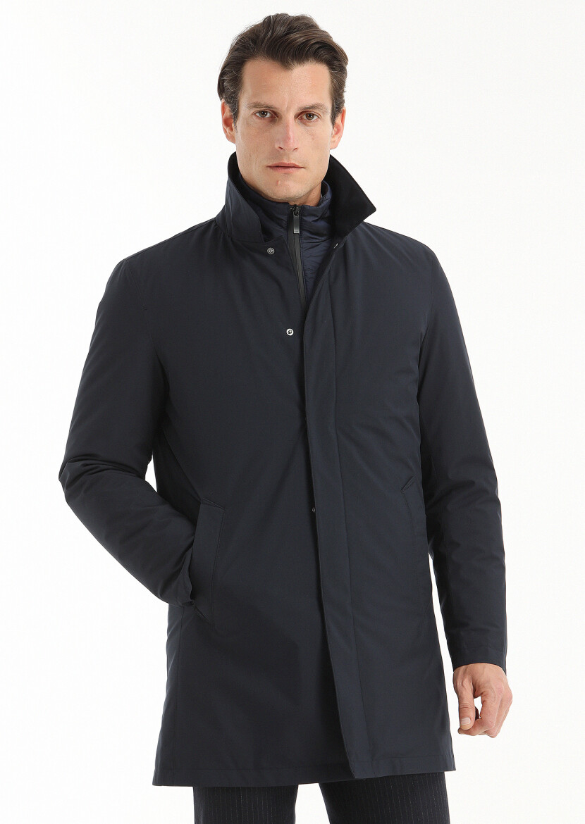 Lacivert Regular Fit Gömlek Yaka Casual Dokuma Pardösü - 4