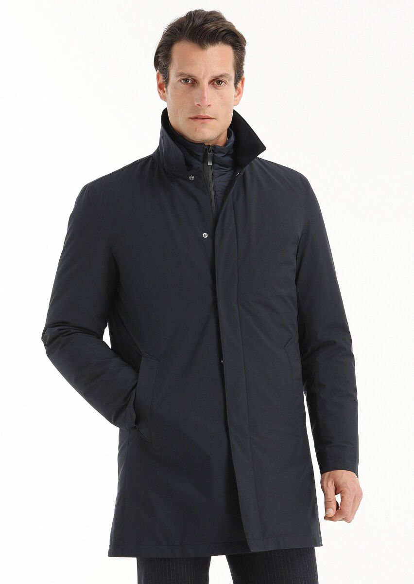 Lacivert Regular Fit Gömlek Yaka Casual Dokuma Pardösü - 4