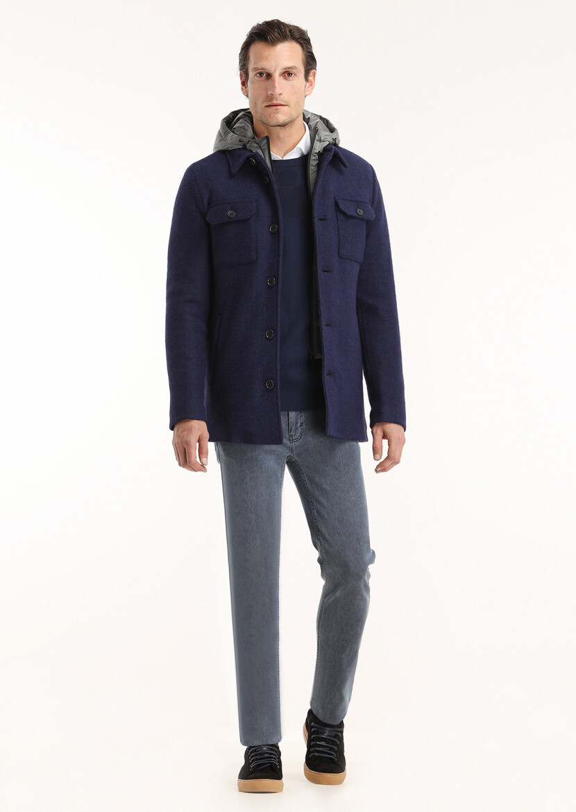 Lacivert Regular Fit Gömlek Yaka Casual Örme Mont - 1