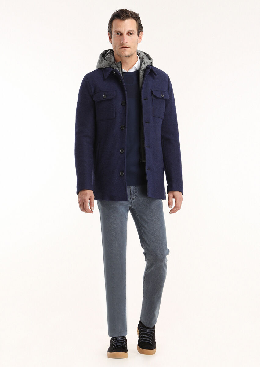Lacivert Regular Fit Gömlek Yaka Casual Örme Mont - 1