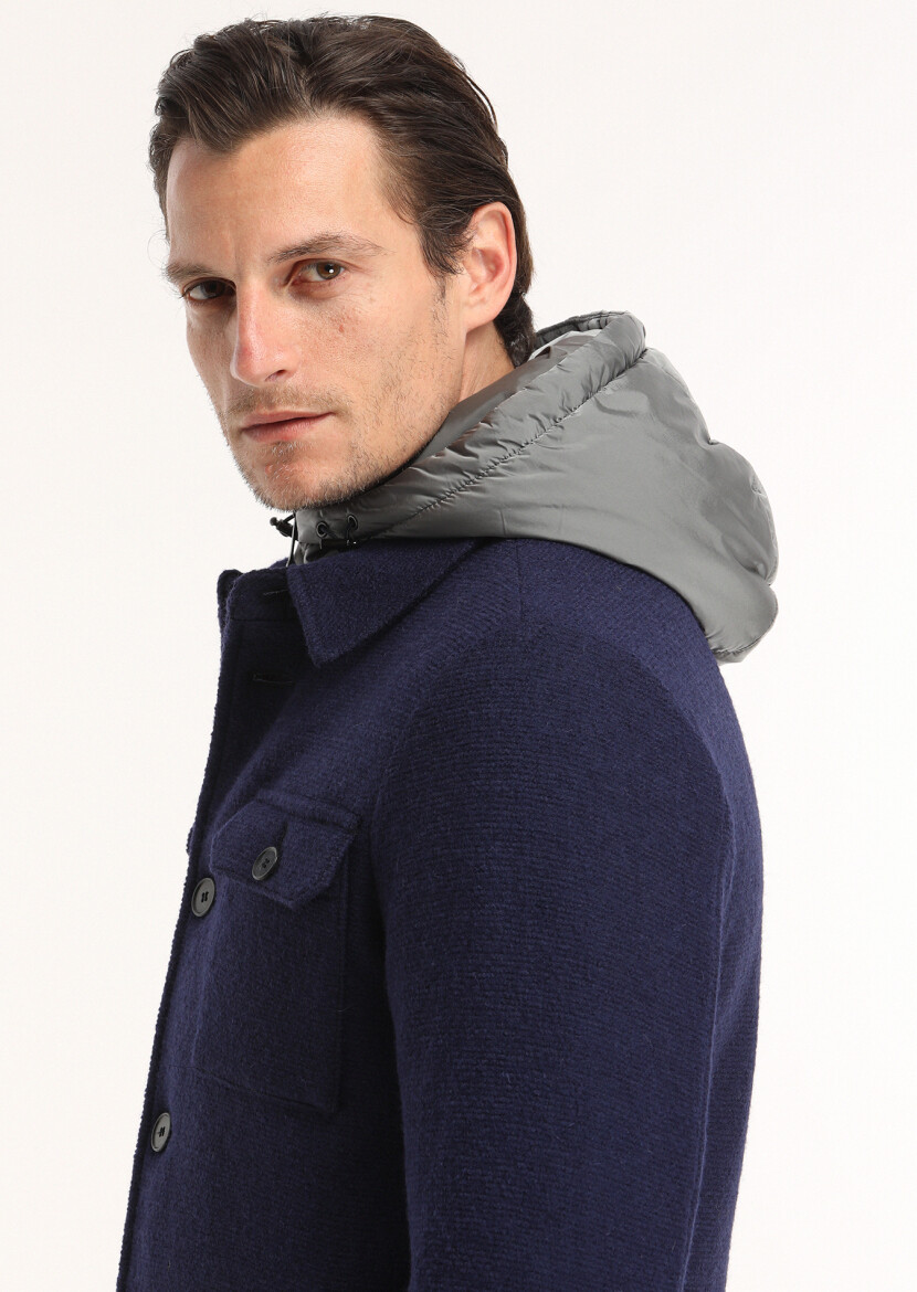 Lacivert Regular Fit Gömlek Yaka Casual Örme Mont - 4