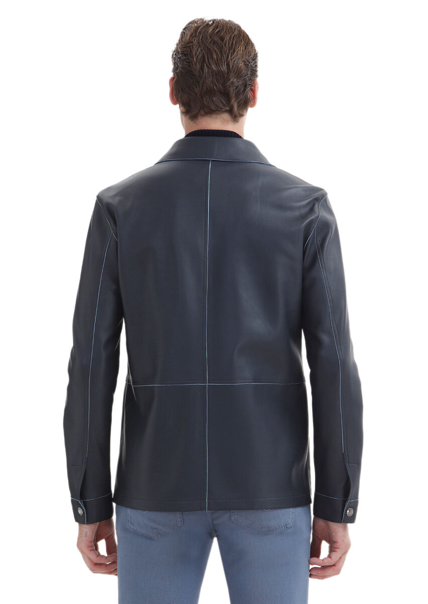 Lacivert Regular Fit Gömlek Yaka Casual Süet Deri Mont - 6