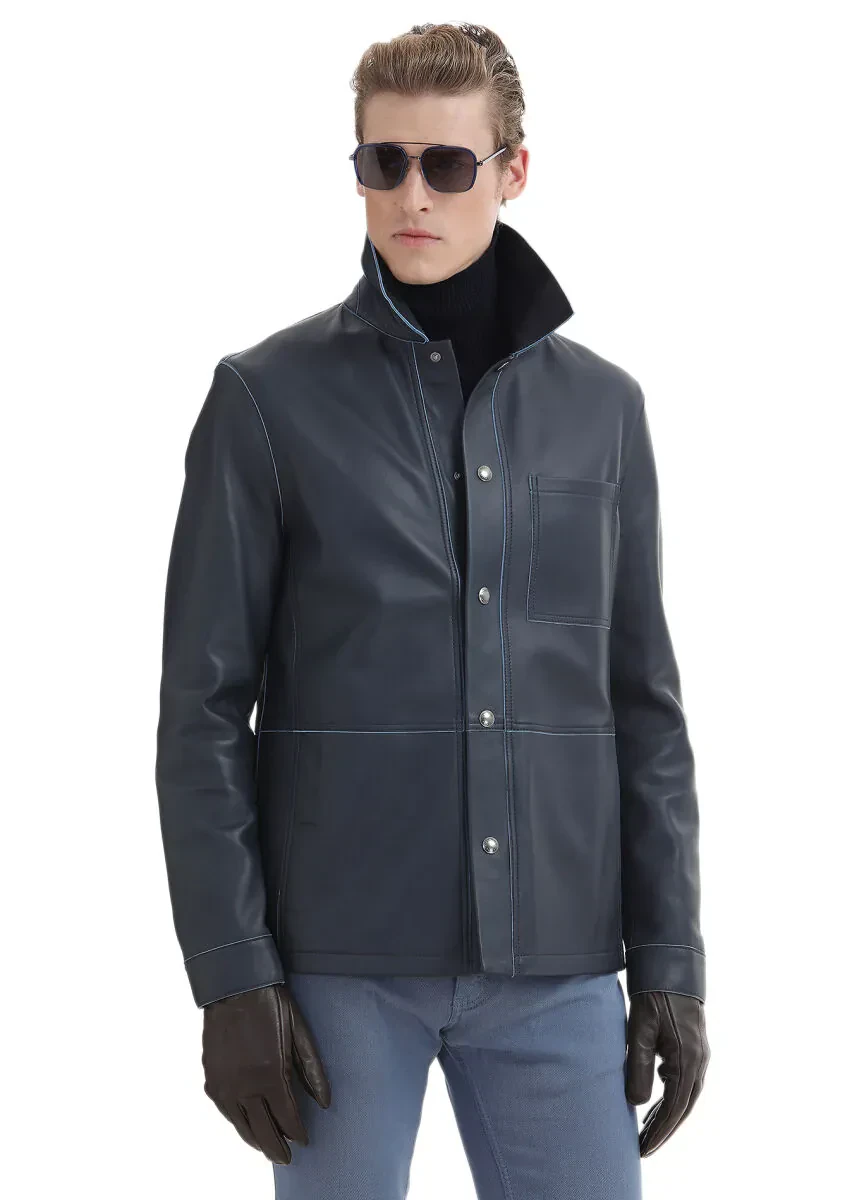 Lacivert Regular Fit Gömlek Yaka Casual Süet Deri Mont - 1
