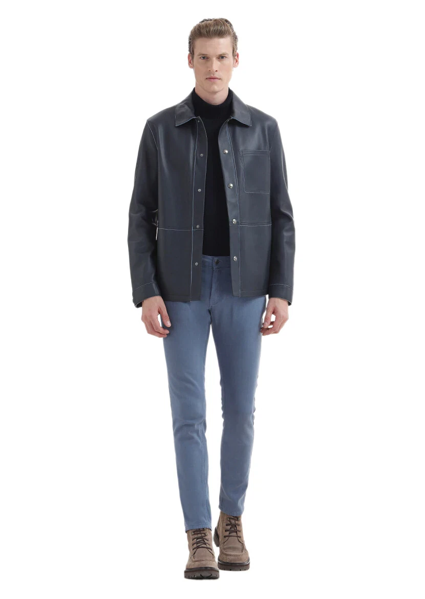 Lacivert Regular Fit Gömlek Yaka Casual Süet Deri Mont - 2