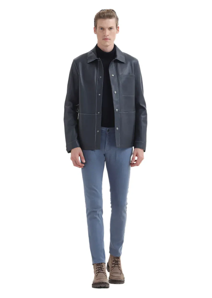 Lacivert Regular Fit Gömlek Yaka Casual Süet Deri Mont - 2