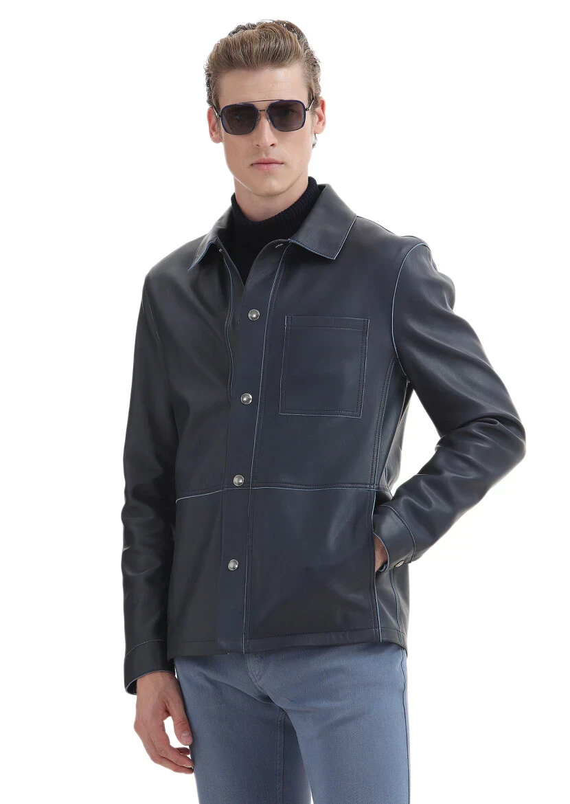 Lacivert Regular Fit Gömlek Yaka Casual Süet Deri Mont - 3