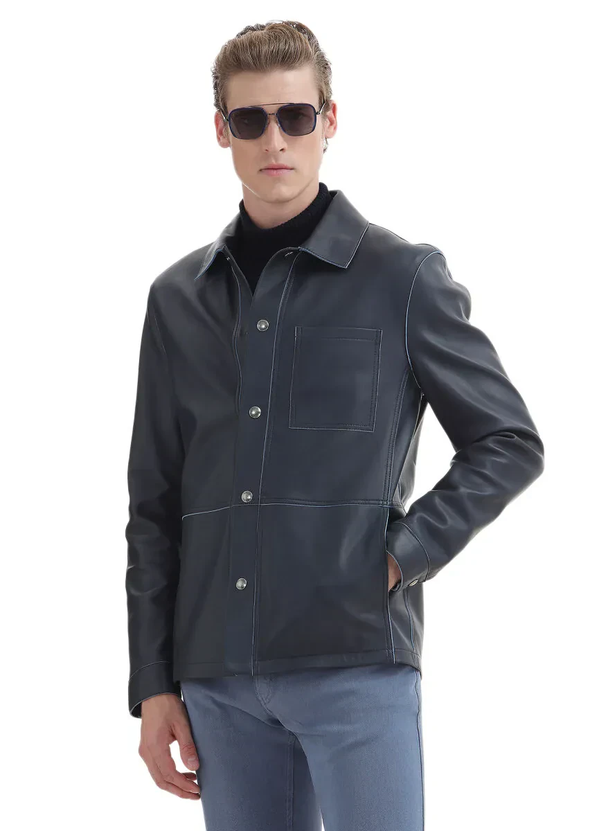 Lacivert Regular Fit Gömlek Yaka Casual Süet Deri Mont - 3