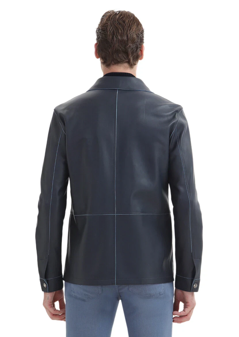 Lacivert Regular Fit Gömlek Yaka Casual Süet Deri Mont - 7