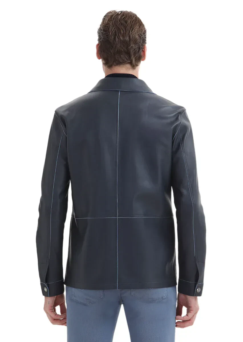Lacivert Regular Fit Gömlek Yaka Casual Süet Deri Mont - 7