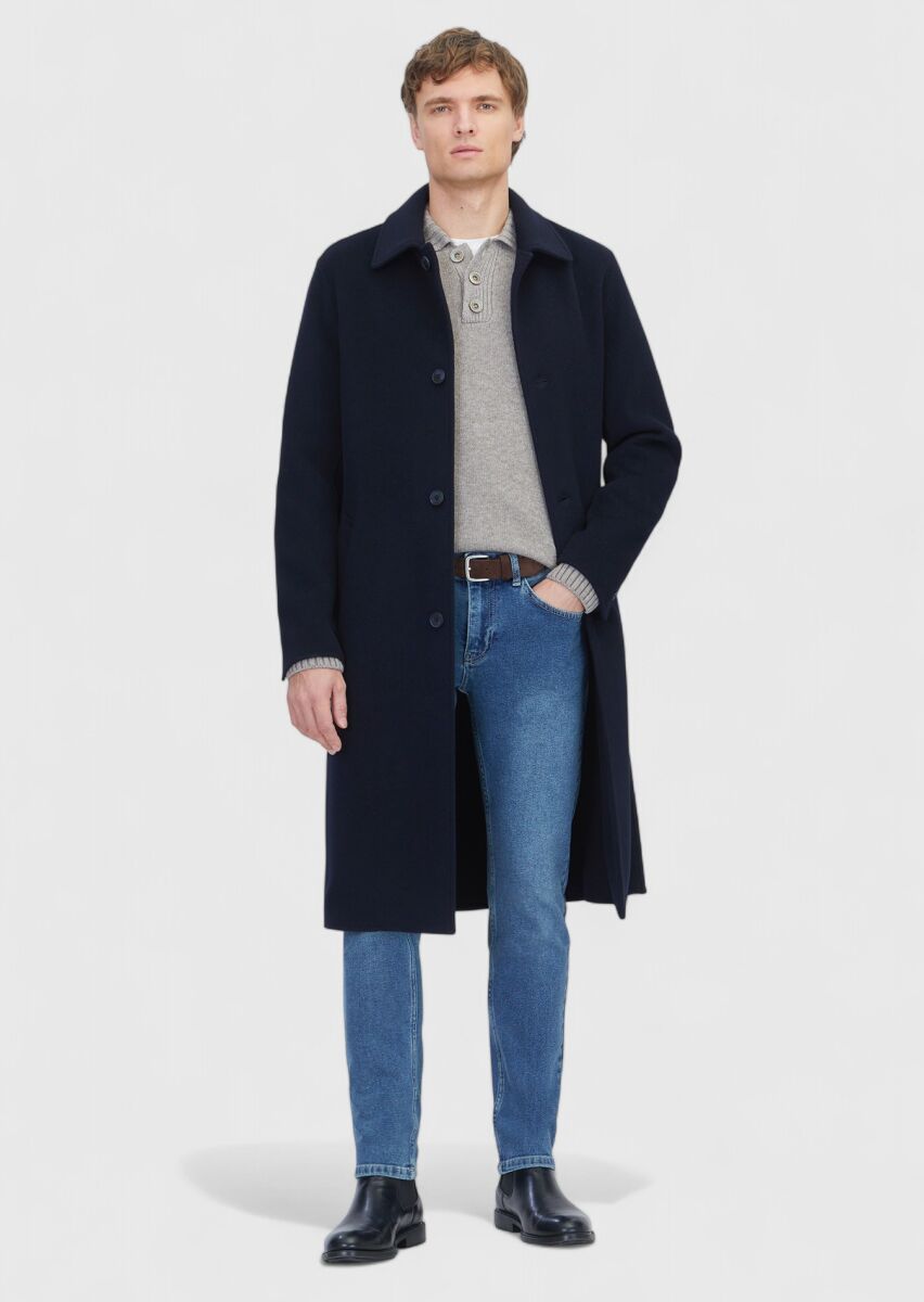 Lacivert Regular Fit Gömlek Yaka Klasik Dokuma Palto - 2