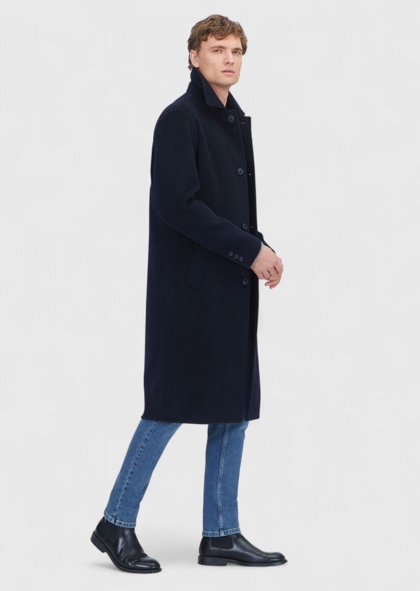 Lacivert Regular Fit Gömlek Yaka Klasik Dokuma Palto - 3
