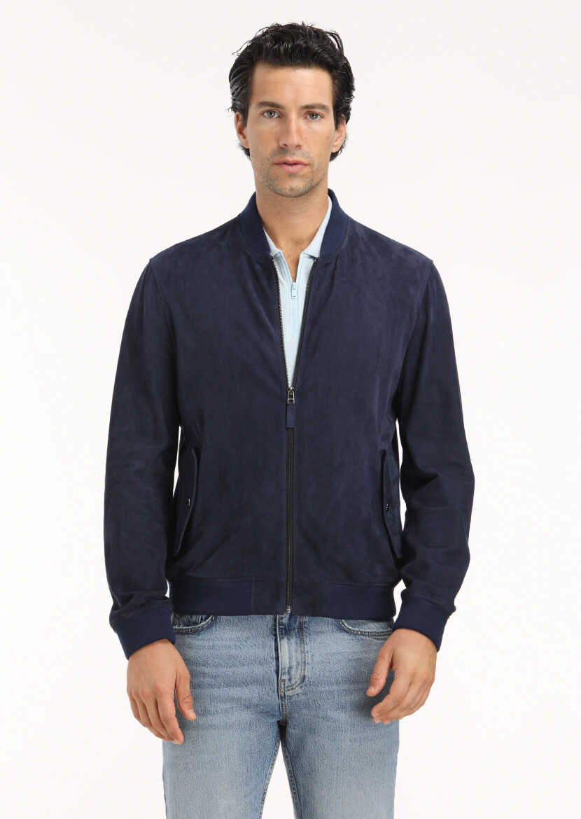 Lacivert Regular Fit Hakim Yaka Casual Süet Deri Mont - 2