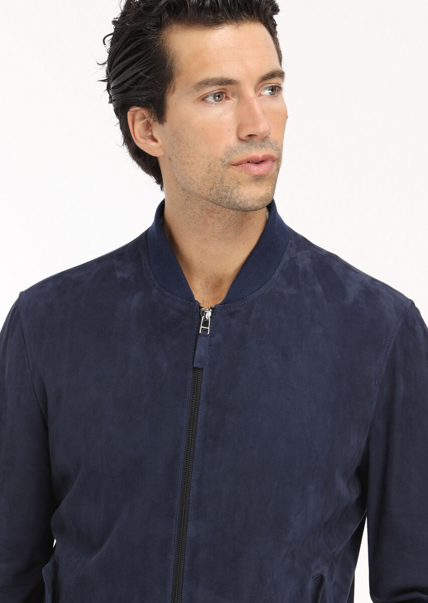 Lacivert Regular Fit Hakim Yaka Casual Süet Deri Mont - 3