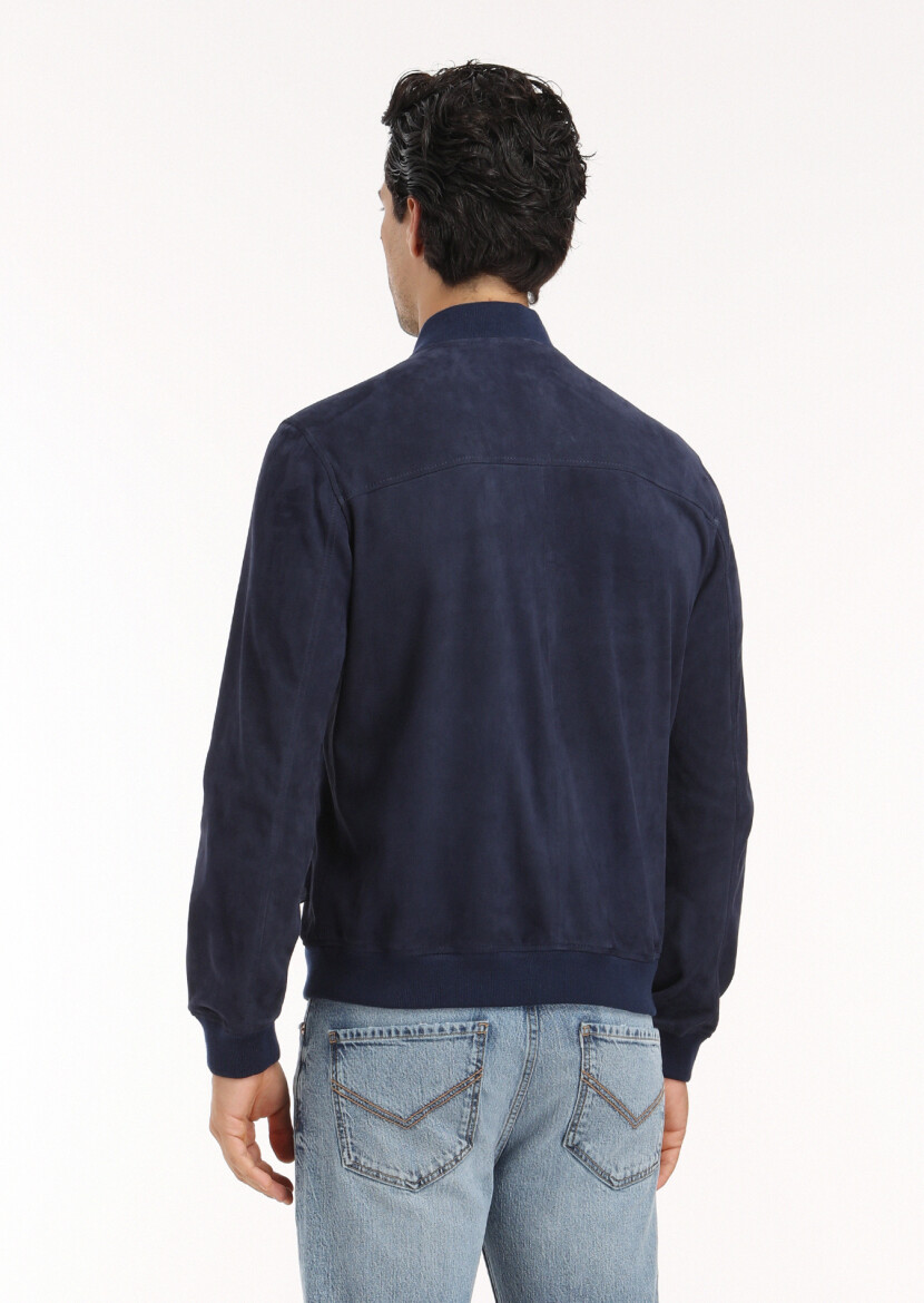 Lacivert Regular Fit Hakim Yaka Casual Süet Deri Mont - 5