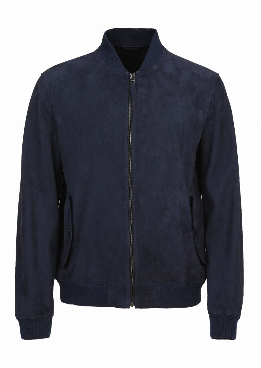 Lacivert Regular Fit Hakim Yaka Casual Süet Deri Mont - 6