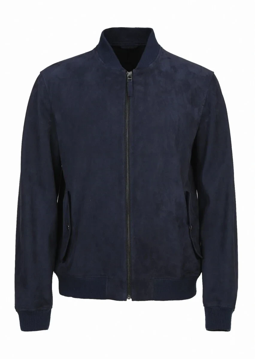 Lacivert Regular Fit Hakim Yaka Casual Süet Deri Mont - 6