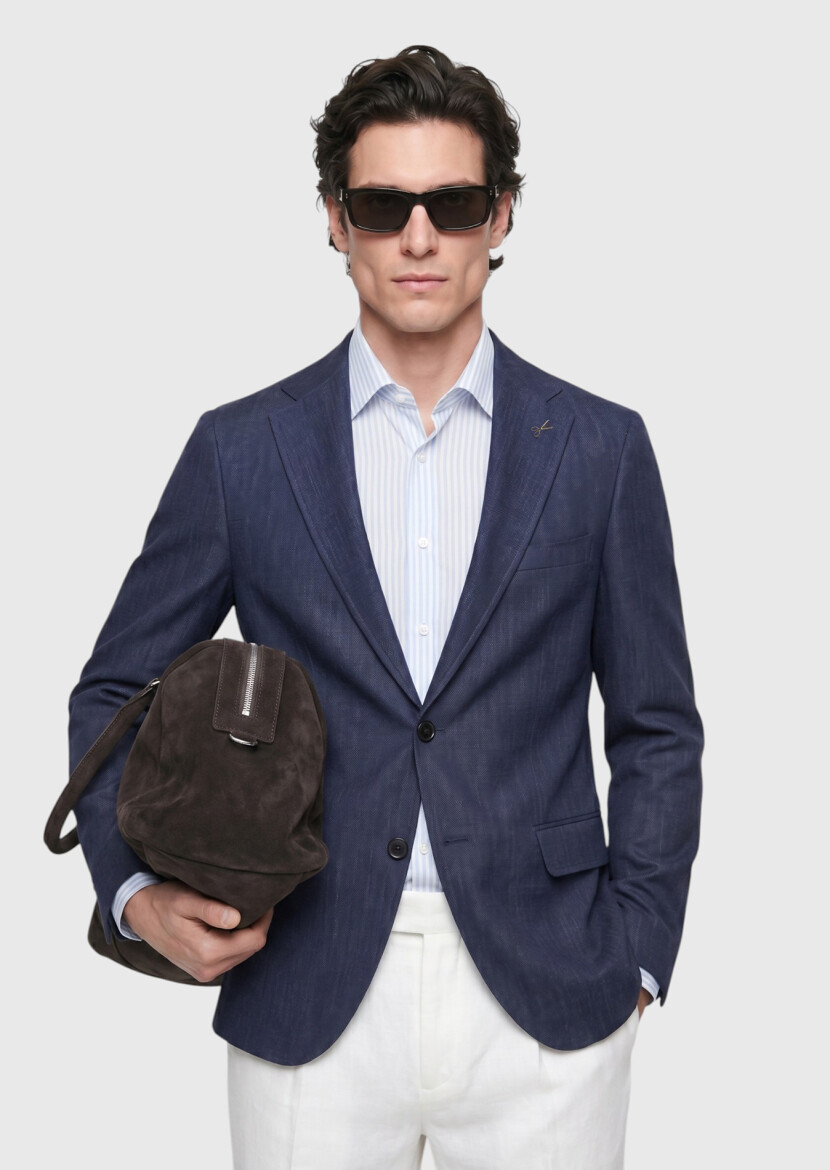 Lacivert Regular Fit İpek Karışımlı Ceket - 3