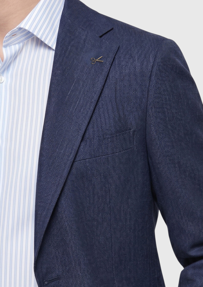 Lacivert Regular Fit İpek Karışımlı Ceket - 4