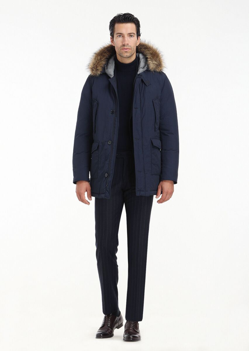 Lacivert Regular Fit Kapüşonlu Casual Dokuma Kaban - 1