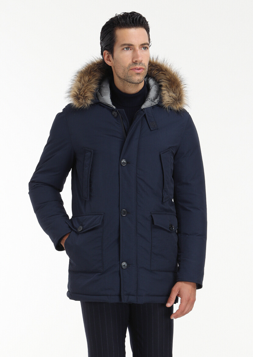 Lacivert Regular Fit Kapüşonlu Casual Dokuma Kaban 