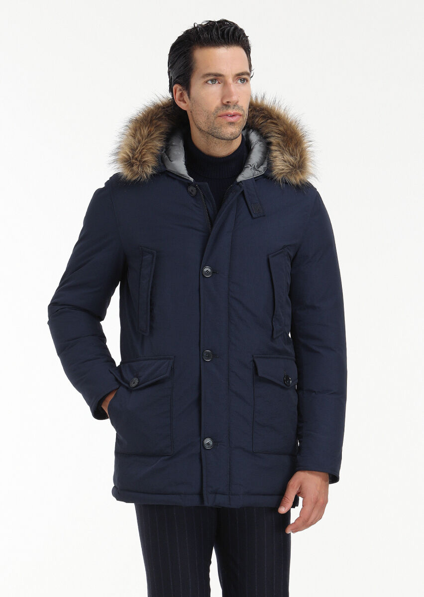 Lacivert Regular Fit Kapüşonlu Casual Dokuma Kaban - 2
