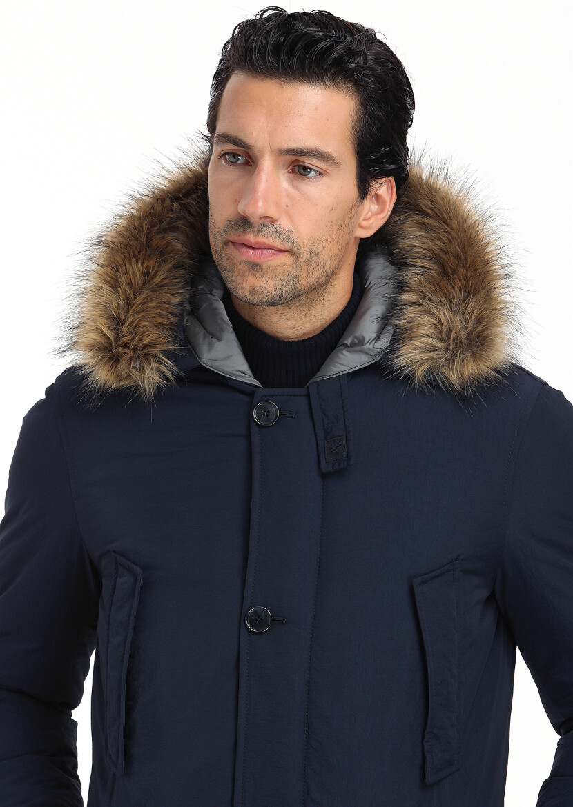 Lacivert Regular Fit Kapüşonlu Casual Dokuma Kaban - 3