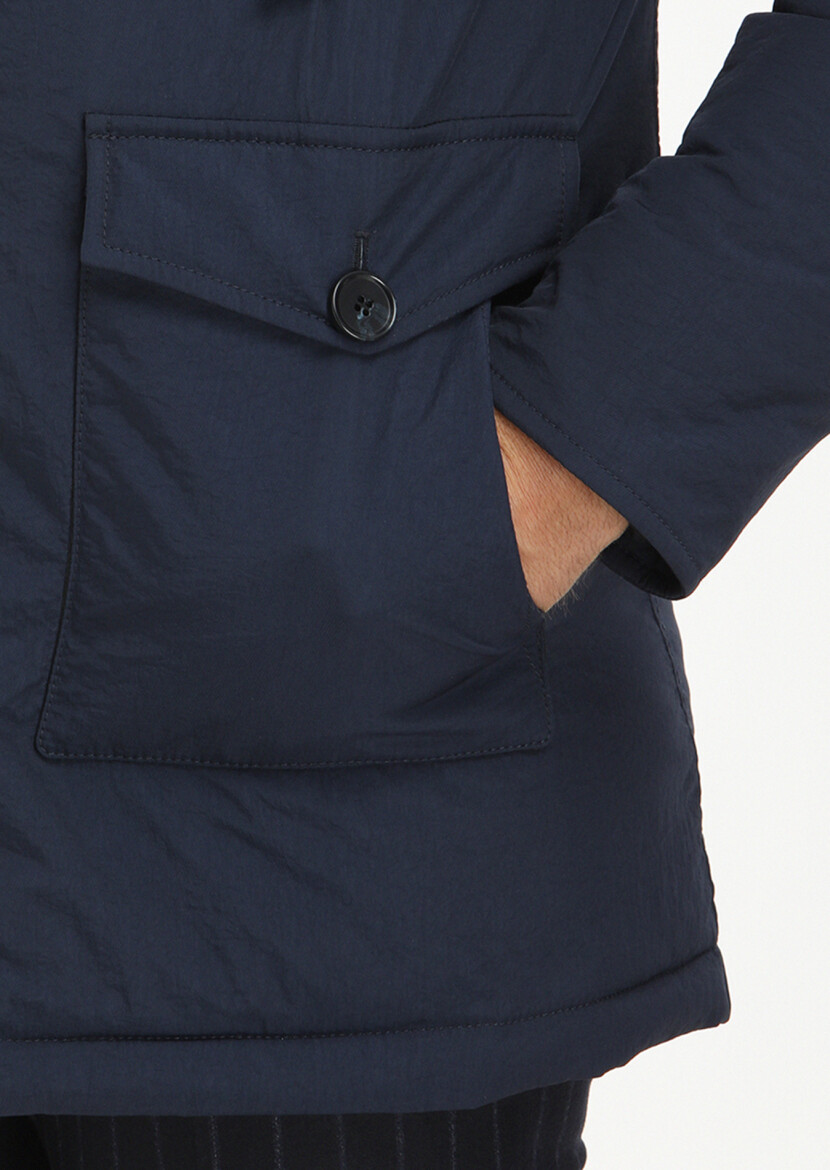 Lacivert Regular Fit Kapüşonlu Casual Dokuma Kaban - 4