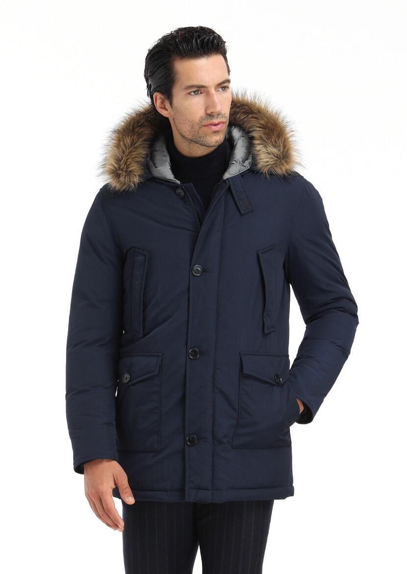 Lacivert Regular Fit Kapüşonlu Casual Dokuma Kaban - 5