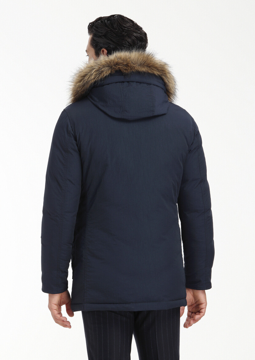 Lacivert Regular Fit Kapüşonlu Casual Dokuma Kaban - 6
