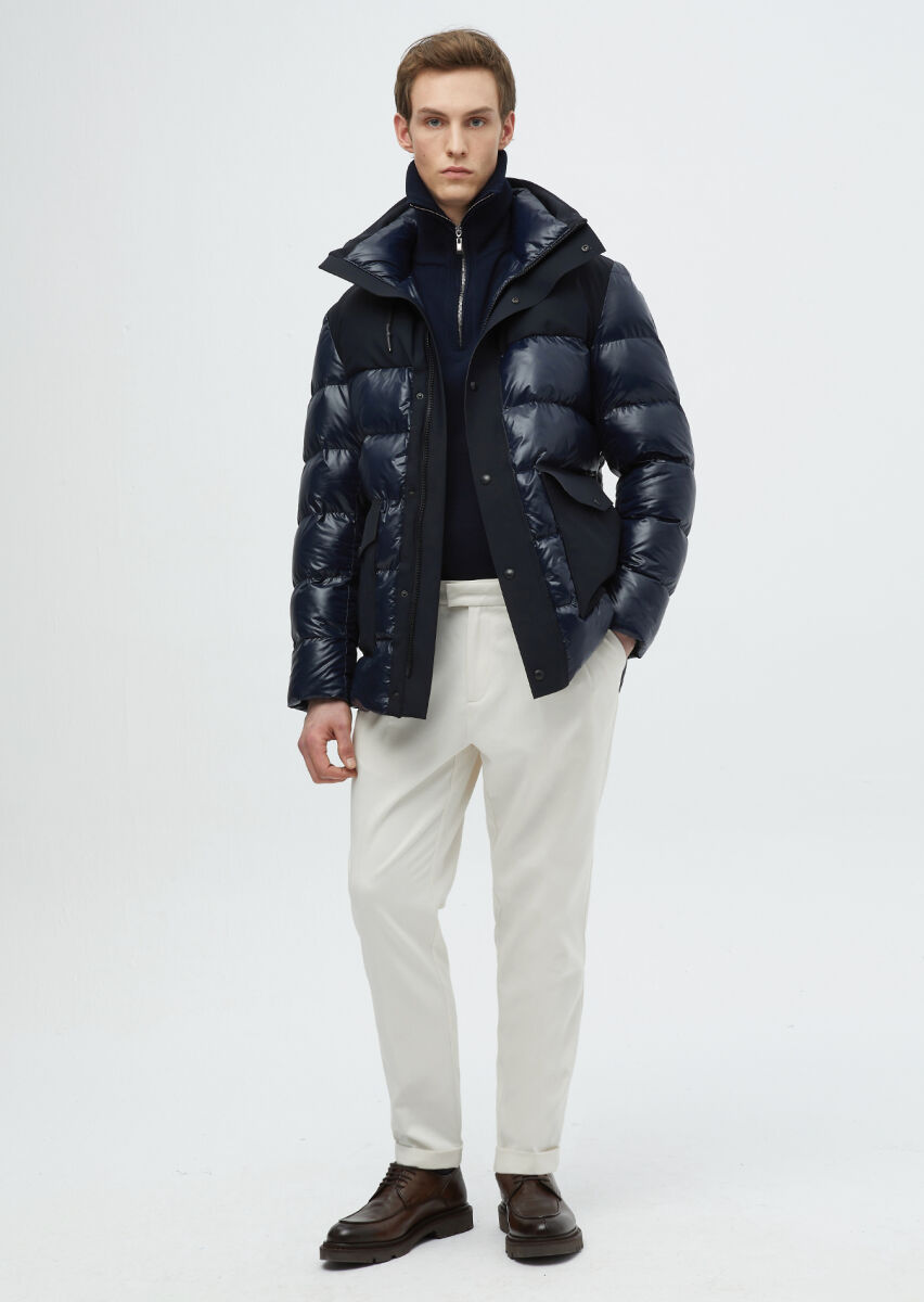 Lacivert Regular Fit Kapüşonlu Casual Dokuma Kaban - 3