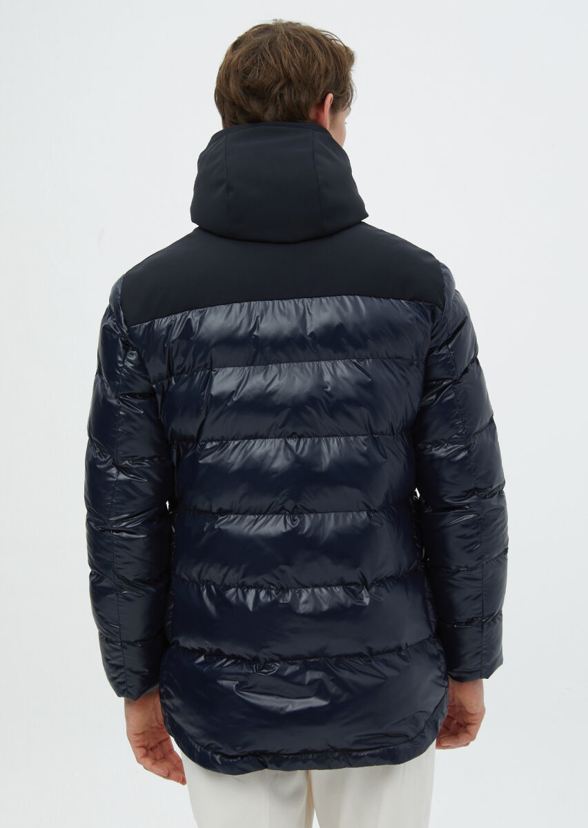 Lacivert Regular Fit Kapüşonlu Casual Dokuma Kaban - 7