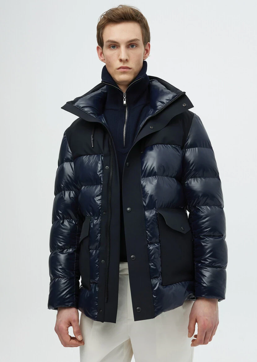 Lacivert Regular Fit Kapüşonlu Casual Dokuma Kaban - 2