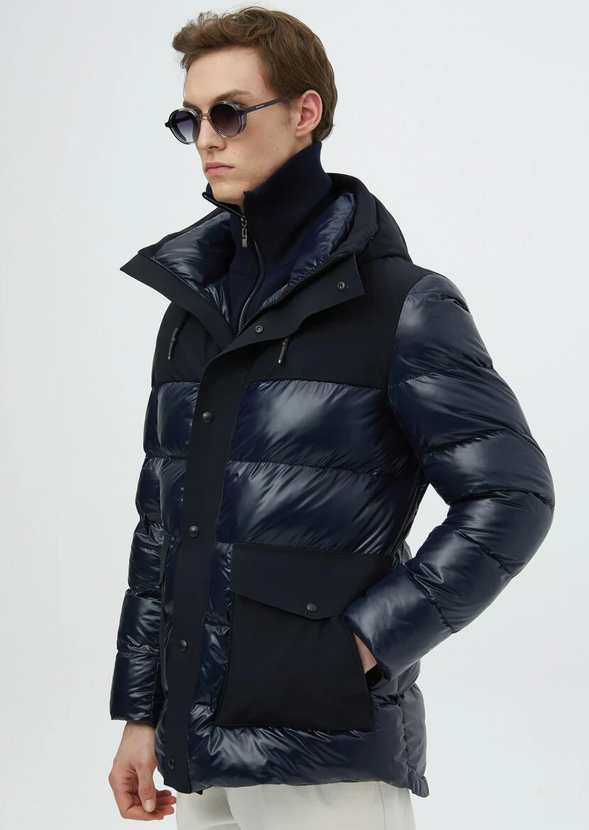 Lacivert Regular Fit Kapüşonlu Casual Dokuma Kaban - 4