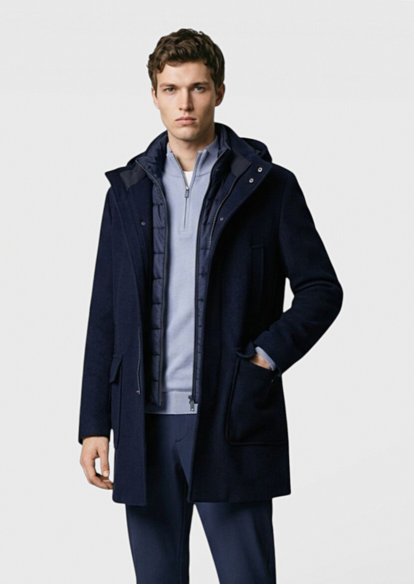 Lacivert Regular Fit Kapüşonlu Casual Dokuma Kaban - 3