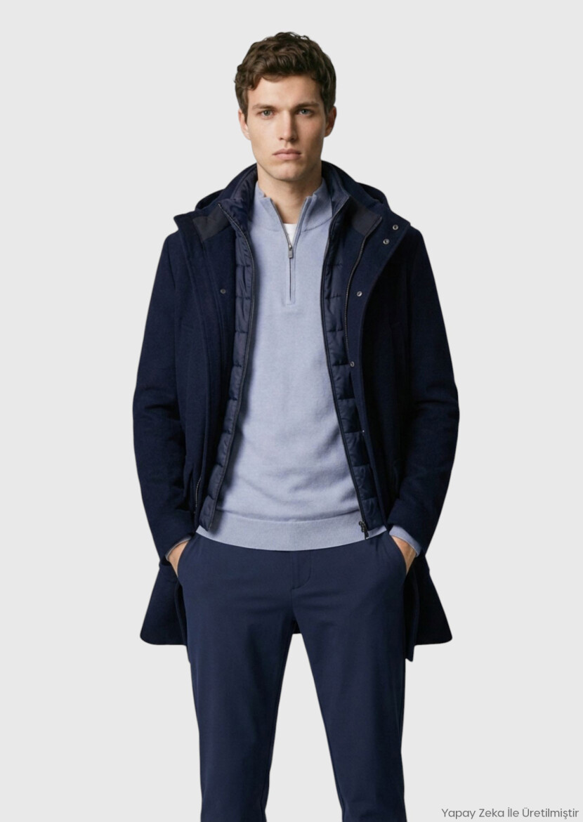 Lacivert Regular Fit Kapüşonlu Casual Dokuma Kaban - RAMSEY