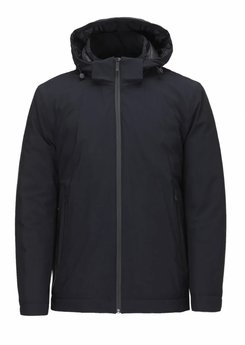 Lacivert Regular Fit Kapüşonlu Casual Dokuma Mont - 1