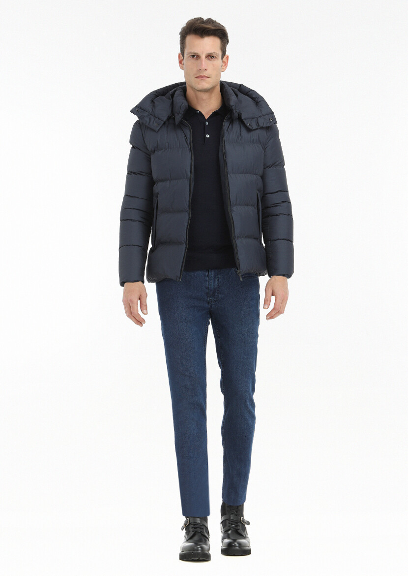 Lacivert Regular Fit Kapüşonlu Casual Dokuma Mont - 1
