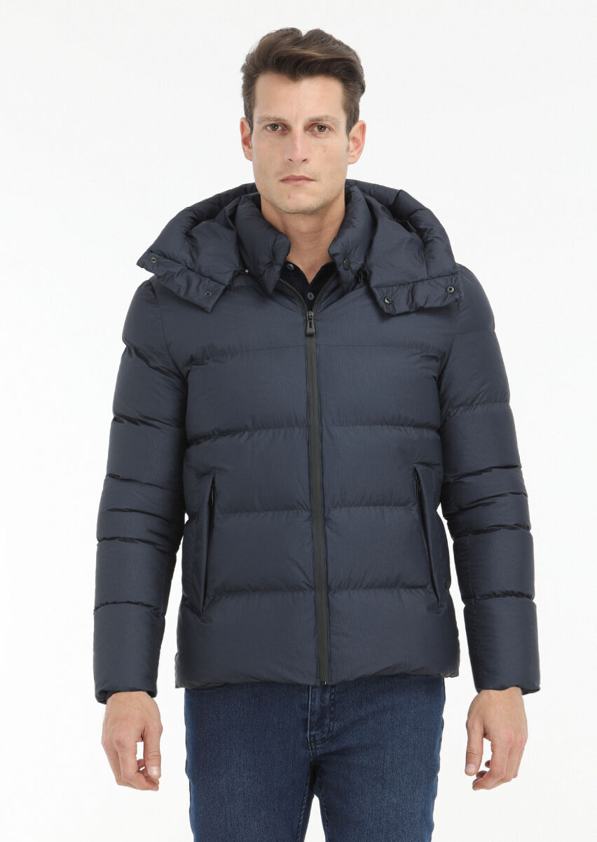 Lacivert Regular Fit Kapüşonlu Casual Dokuma Mont - 2