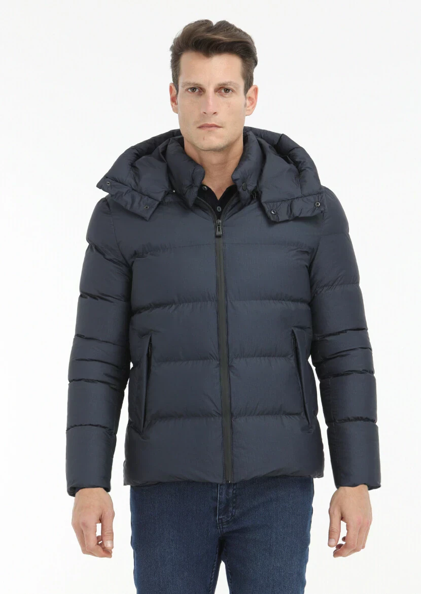 Lacivert Regular Fit Kapüşonlu Casual Dokuma Mont - 2
