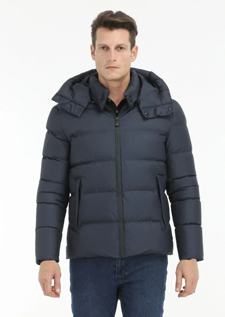 Lacivert Regular Fit Kapüşonlu Casual Dokuma Mont - 2