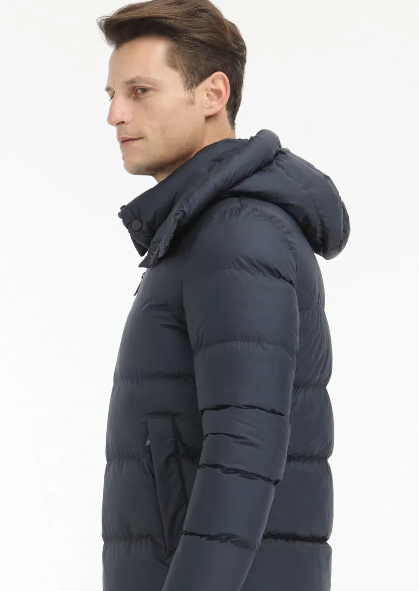 Lacivert Regular Fit Kapüşonlu Casual Dokuma Mont - 5