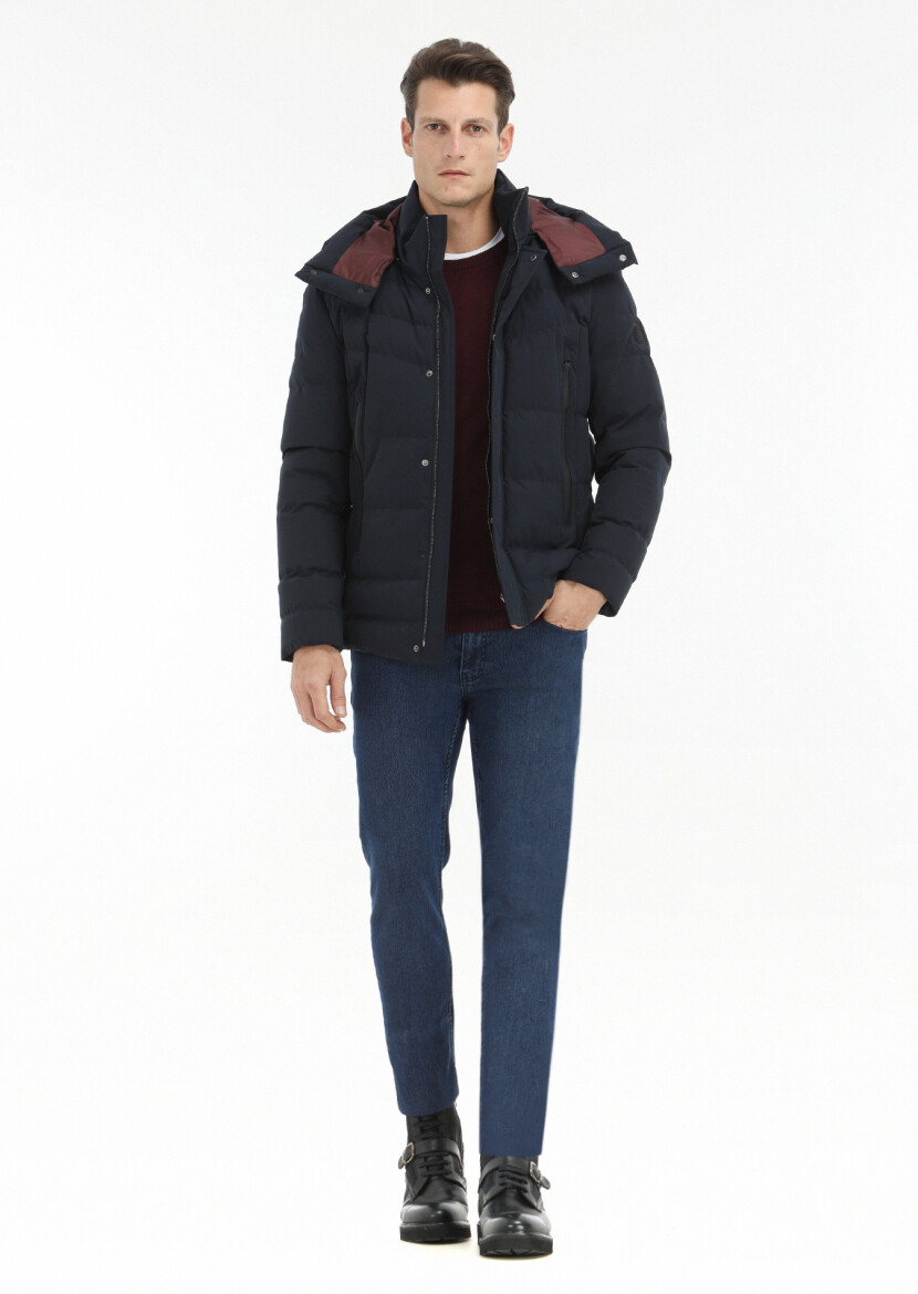 Lacivert Regular Fit Kapüşonlu Casual Dokuma Mont - 1