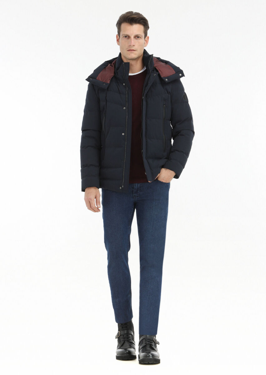 Lacivert Regular Fit Kapüşonlu Casual Dokuma Mont - 1