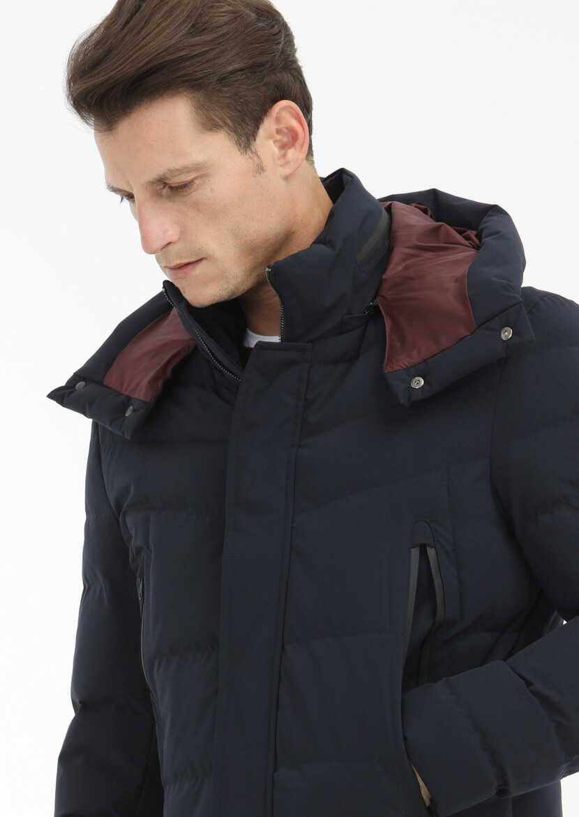 Lacivert Regular Fit Kapüşonlu Casual Dokuma Mont - 3